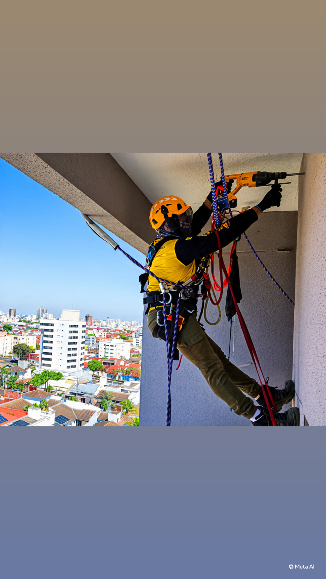 Profissional instalando ponto de ancoragem durante trabalho em altura