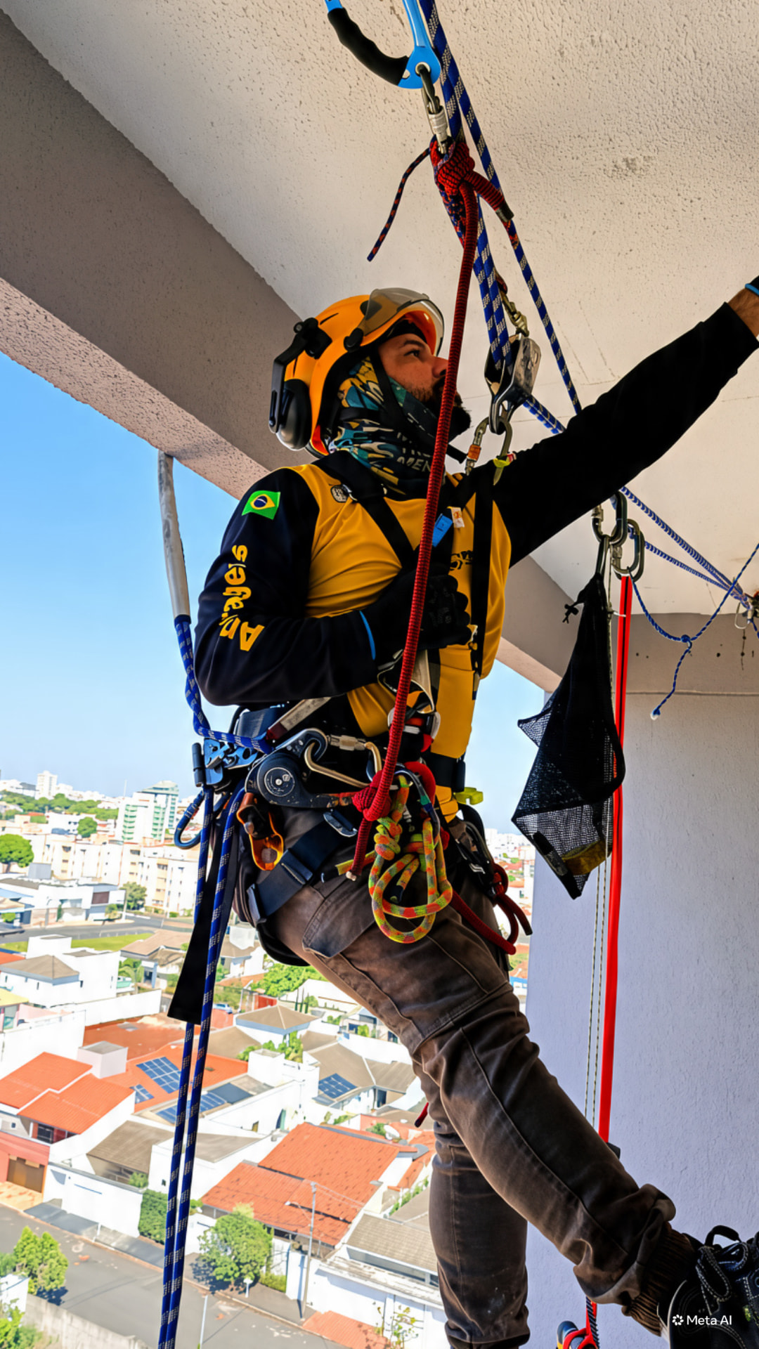 Profissional executando atividade técnica em altura com sistema de ancoragem